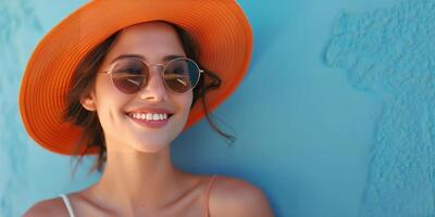 Jeune femme dans des lunettes de soleil et paille chapeau photo