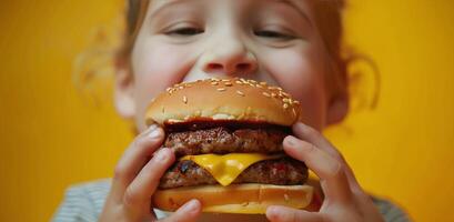 peu fille en mangeant Hamburger sur Jaune Contexte photo