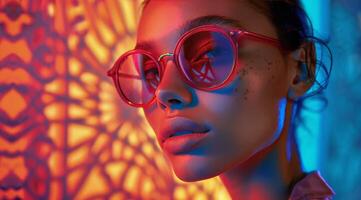 femme portant coloré des lunettes de soleil contre coloré Contexte photo