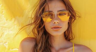 femme dans des lunettes de soleil posant contre Jaune mur photo