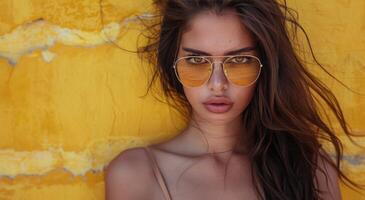 femme dans des lunettes de soleil posant contre Jaune mur photo