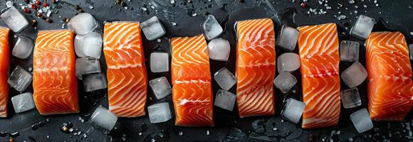 tranché Saumon et la glace cubes sur noir Contexte photo
