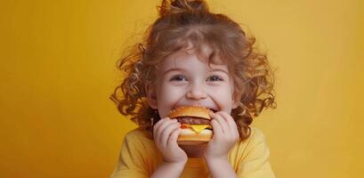 peu fille en mangeant Hamburger sur Jaune Contexte photo