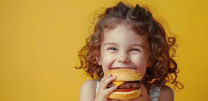 peu fille en mangeant Hamburger sur Jaune Contexte photo