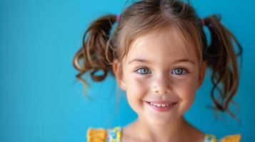 peu fille souriant dans de face de bleu mur photo