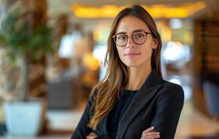 affaires femme dans des lunettes posant dans restaurant photo