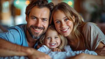 Jeune magnifique content famille relaxant à Accueil photo