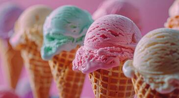 coloré la glace crème cônes sur une rose Contexte photo