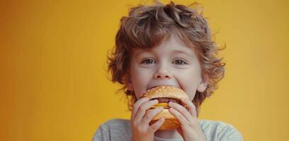 Jeune garçon en mangeant Hamburger sur Jaune Contexte photo