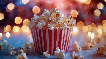 pop corn dans une rouge et blanc rayé seau photo