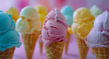 coloré la glace crème cônes sur une rose Contexte photo