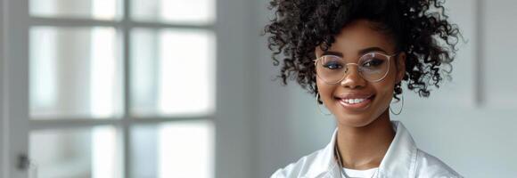 Jeune noir femme portant des lunettes et blanc chemise photo