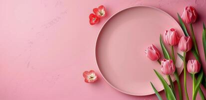 blanc assiette avec rose tulipes sur rose Contexte photo