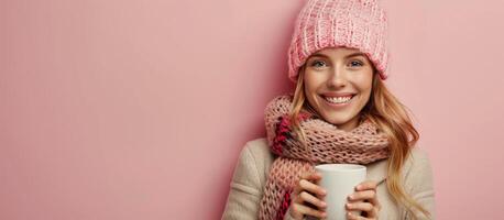 femme portant chapeau et écharpe en portant tasse de café photo