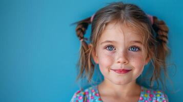 peu fille avec bleu yeux à la recherche à caméra photo