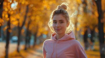 Jeune femme dans rose sweat à capuche posant pour image photo