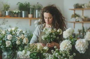 femme organiser fleurs dans une fleur magasin photo