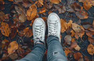 blanc baskets repos sur pile de feuilles photo