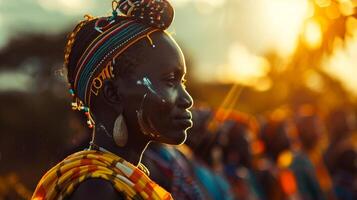 Afrique journée photo concept de Humain droits. femelle profil portrait de africain femme avec ethnique tissu