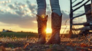 le majestueux pose de une fille sur le ranch, illuminé par le réglage Soleil photo