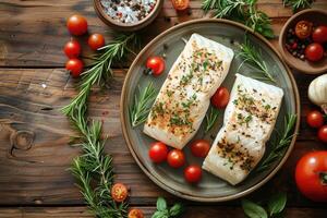 cuit flétan filet sur cuisine table assiette professionnel La publicité nourriture la photographie photo