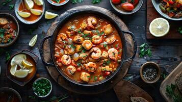 une traditionnel Bouillabaisse avec une variété de Fruit de mer orné avec Frais herbes. photo