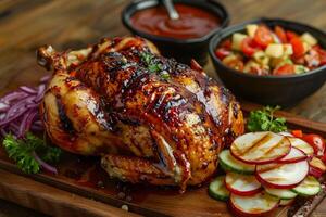 une l'eau à la bouche rôti poulet sur une rustique en bois planche. photo