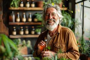 une de bonne humeur Sénior homme en portant une bouteille de cbd pétrole dans une vibrant à base de plantes magasin photo