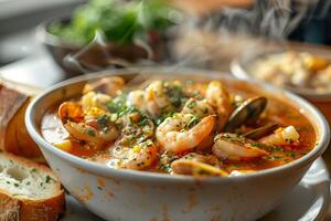 fermer vue de une fumant chaud portion de Bouillabaisse avec une côté de croustillant français pain. photo