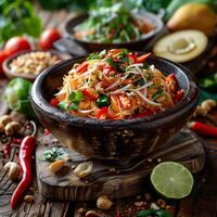 authentique thaïlandais Papaye salade dans en bois mortier. photo