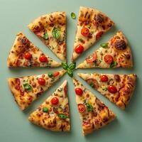 un tableau de Pizza tranches sur vert Contexte. photo