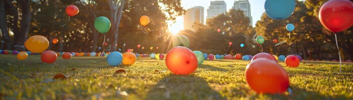 coloré des ballons dans le parc à le coucher du soleil photo