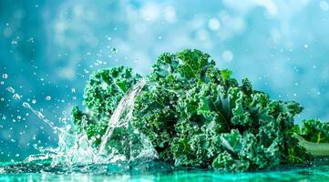 Frais bouquet de vert chou frisé flottant dans l'eau. une concept de végétarien mode de vie et végétarien régime photo