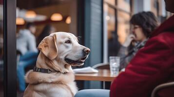 animal de compagnie amical des endroits concept. souriant d'or retriever séance à le table dans une café. émotif soutien concept. photo
