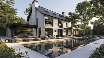 moderne confortable maison avec bassin dans luxueux style et magnifique aménagement paysager sur Contexte. photo