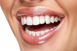 proche en haut de une content femme bouche avec en bonne santé les dents isolé sur une blanc Contexte photo