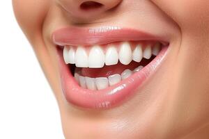 proche en haut de une content femme bouche avec en bonne santé les dents isolé sur une blanc Contexte photo