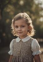 Jeune fille avec frisé cheveux et bleu yeux posant pour une fermer portrait photo