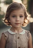 Jeune fille avec frisé cheveux et bleu yeux posant pour une fermer portrait photo