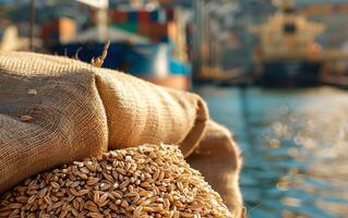 photo de sac de grain permanent sur le rive de port. fermer photo. navire est visible sur le Contexte. concept de nourriture livraison par mer