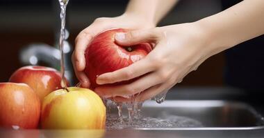 le prudent nettoyage de une savoureux Pomme dans femme mains photo