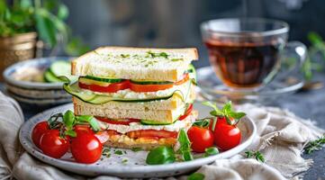 des sandwichs avec crème fromage, Cerise tomates, concombres et vert oignons, une tasse avec noir thé. photo