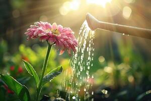 une vibrant fleur est illuminé par lumière du soleil avec l'eau gouttelettes, symbolisant croissance et fraîcheur photo