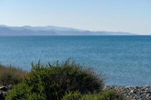 buisson de herbe sur le rivage avec une vue de le montagnes dans hiver dans Chypre 2 photo