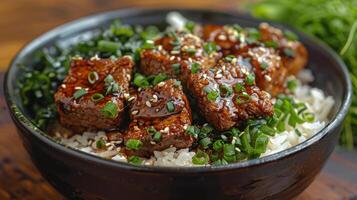 proche en haut de teriyaki du boeuf et riz bol avec vert oignons et sésame des graines photo