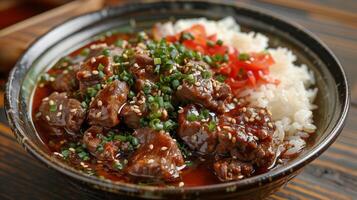 proche en haut de teriyaki du boeuf et riz bol avec vert oignons et sésame des graines photo