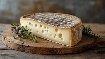 une coin de Suisse fromage repos sur une Roche dans une montagneux paysage photo