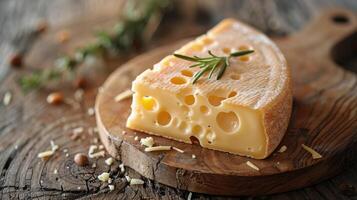 une coin de Suisse fromage repos sur une Roche dans une montagneux paysage photo