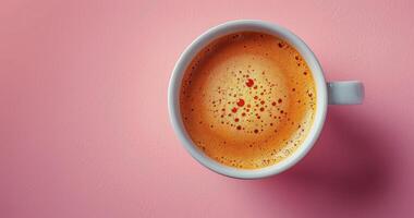 aérien vue de une tasse de café avec mousse sur une rose Contexte photo