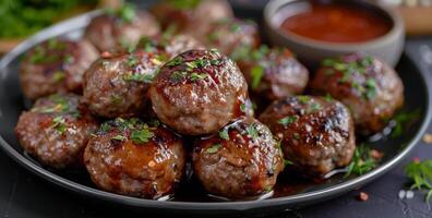 proche en haut de vitré Boulettes de viande sur une noir assiette photo